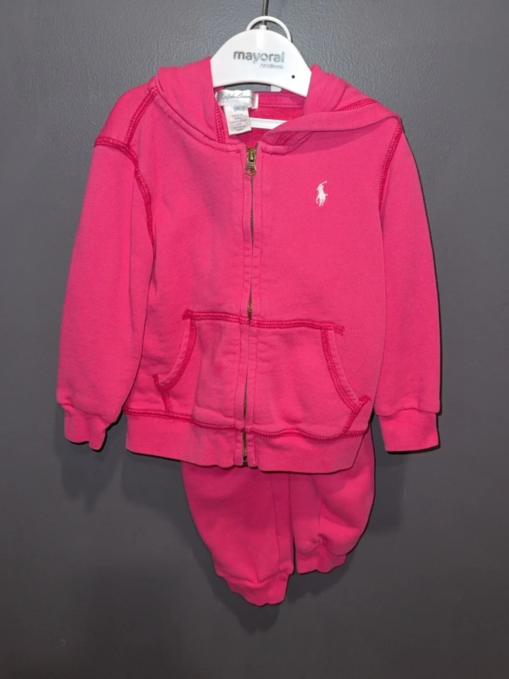 Ralph Lauren Hot Pink Hoodie & Jogger Set for Baby Girl Toddler 18M Zip Up